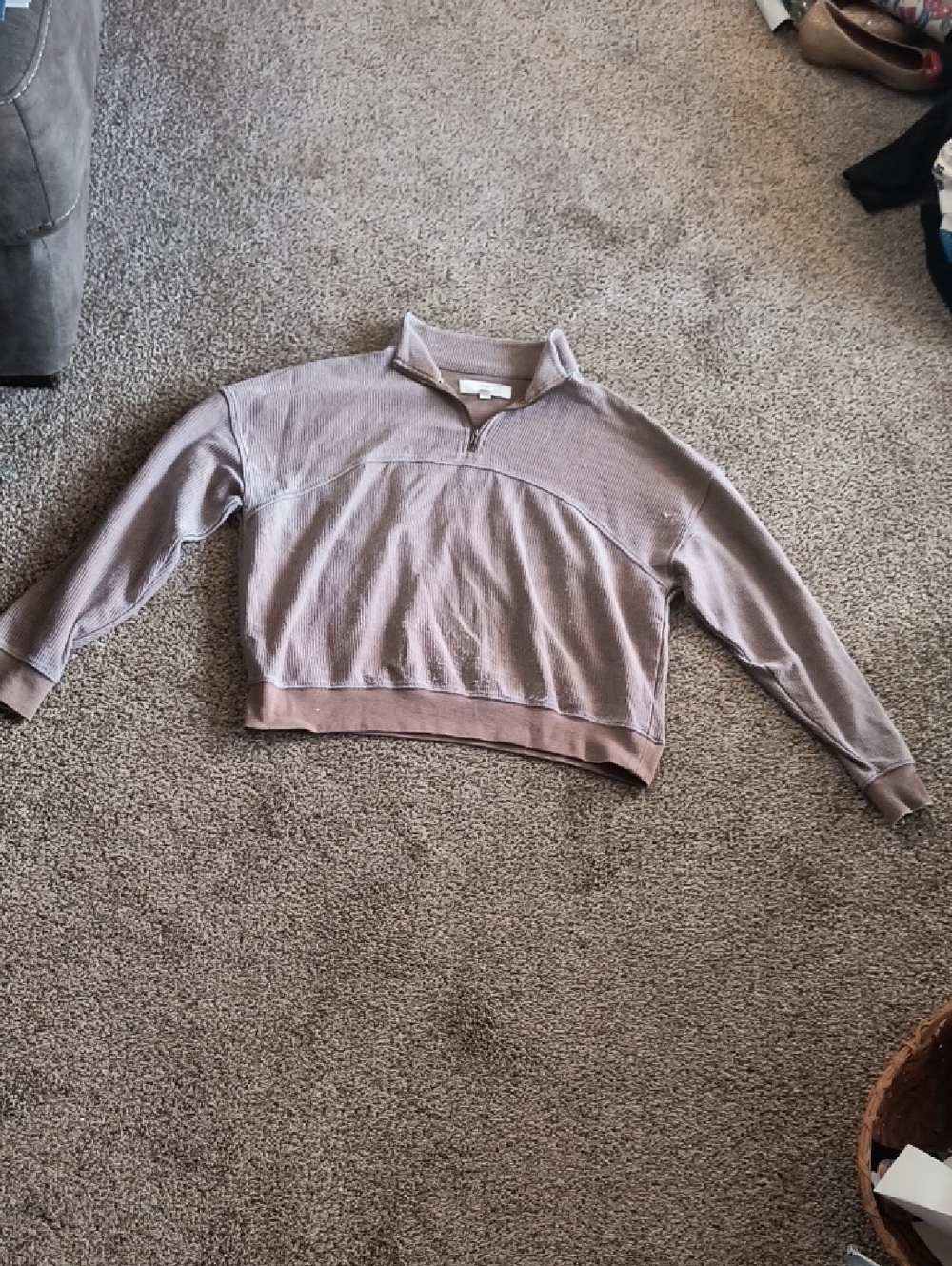 Thread & Supply Cropped Waffle Quarter-Zip Sweatshirt - Mauve Taupe